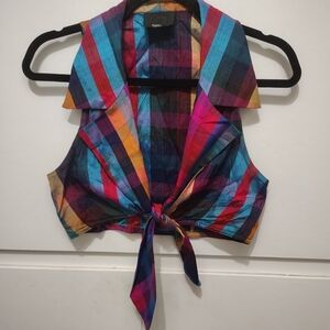 Archival 90s ANNA SUI Silk Rainbow Plaid Tie Front Top MADE IN USA Black Label